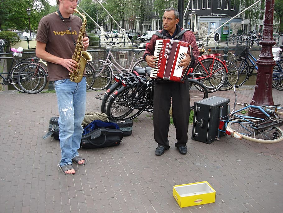 músicos, músicos de rua, acordeão, saxofone, artistas, músico, rua, instrumento, executante, desempenho
