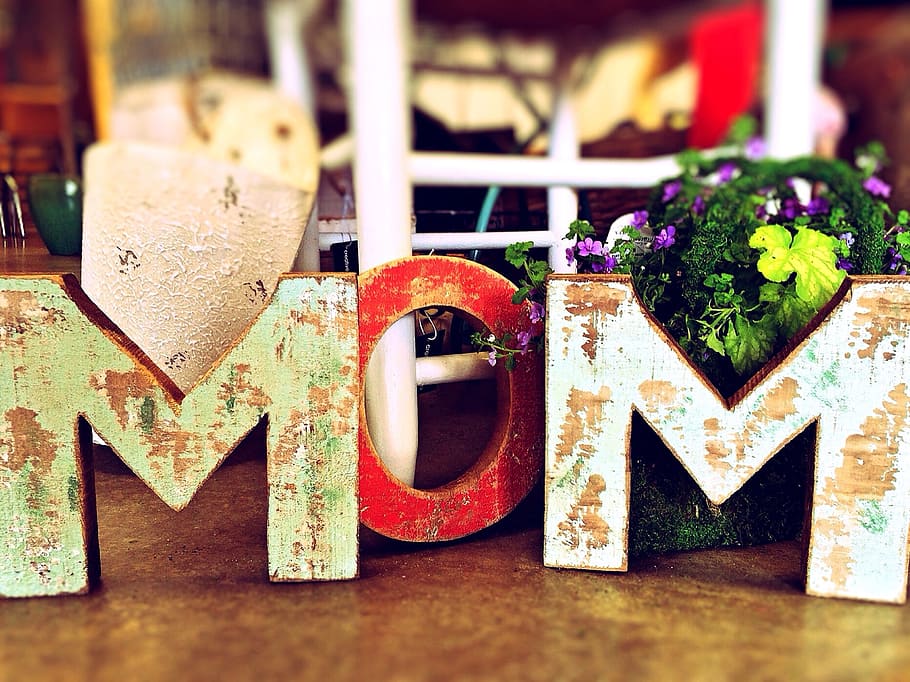 mom freestanding decor, mom, mother, mother's day, plant, day, focus on foreground, table, close-up, wood - material