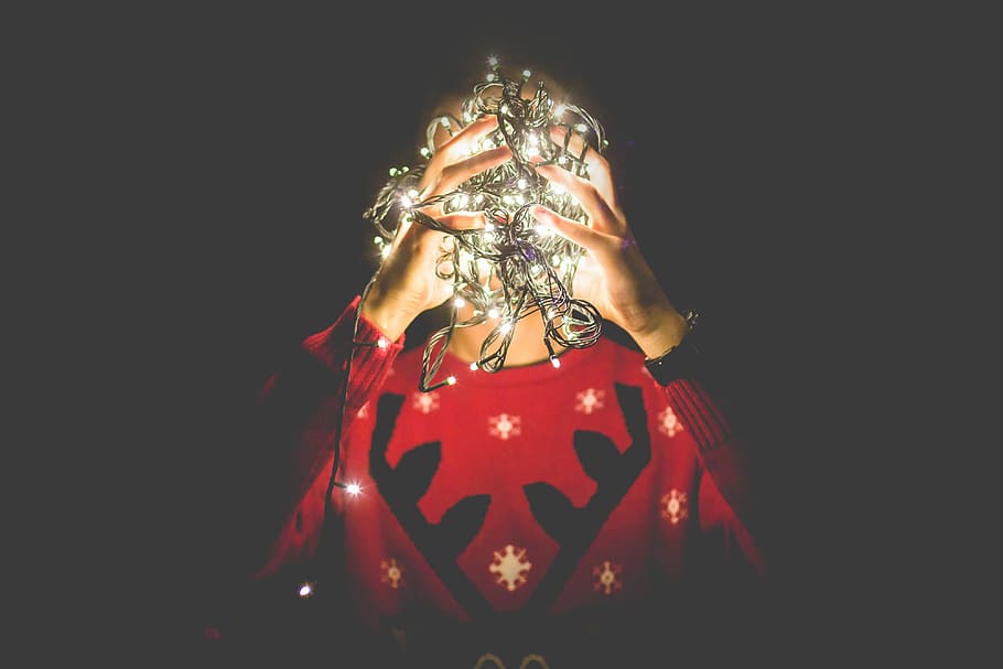 en cambio, cabeza, enredado, luces de Navidad, mi cabeza, caótico, navidad, suéter de navidad, diciembre, luces