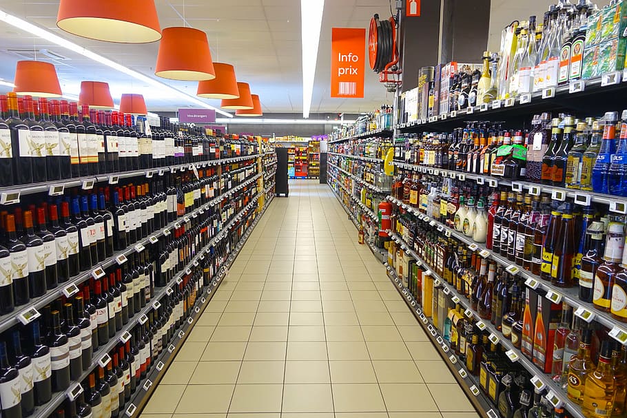 grocery wine bottle section, supermarket, isle, products, variety, grocery, shop, market, store, retail