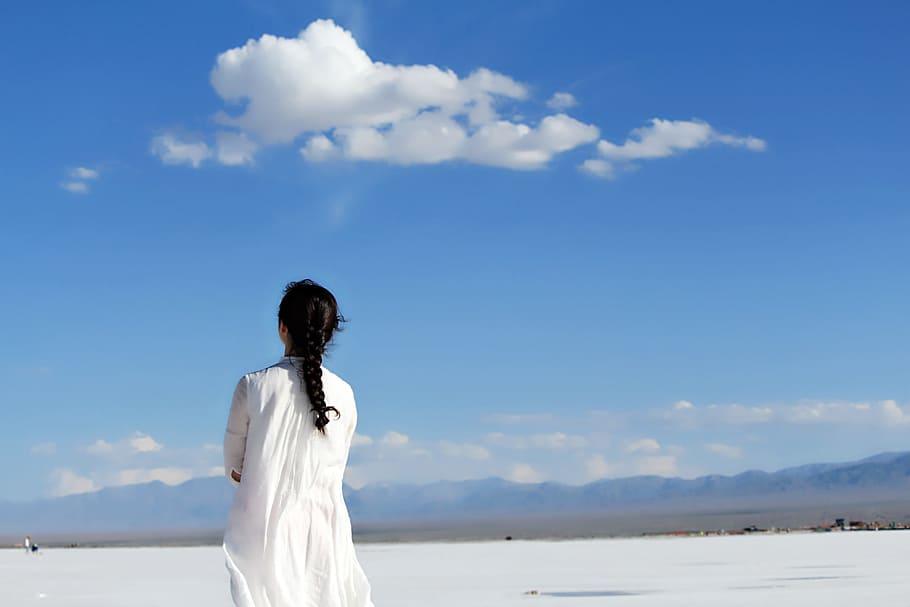 woman, white, long-sleeved, dress, standing, daytime, woman in white, blue sky, girls, back