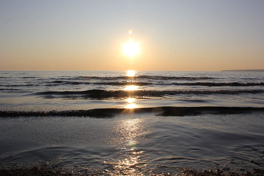 matahari terbit, laut, langit, air, alam, meditasi, refleksi, emas, relaksasi, gelombang