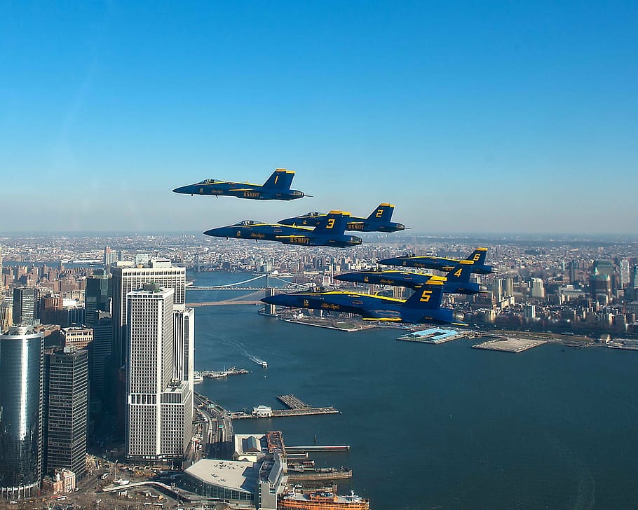 six, blue-and-yellow planes, midair, blue angels, navy, precision, planes, training, sortie, maneuvers