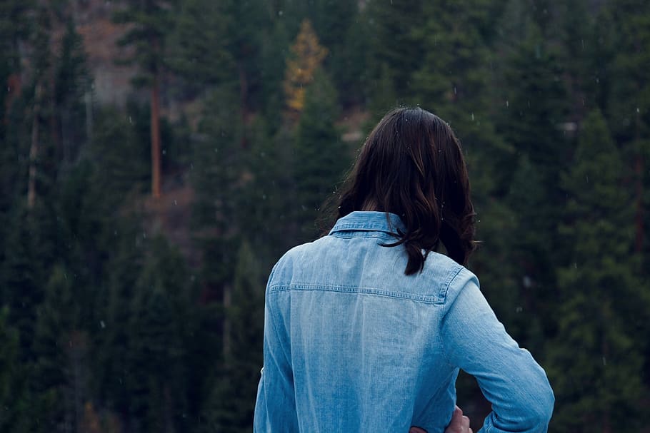 trees, plant, forest, outdoor, people, woman, girl, female, back, alone