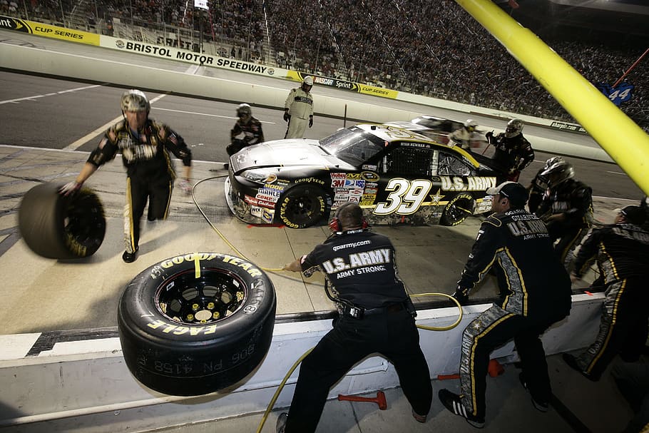 people changing tires, pit crew, nascar, tires, gasoline, auto racing, car, speed, racetrack, sport
