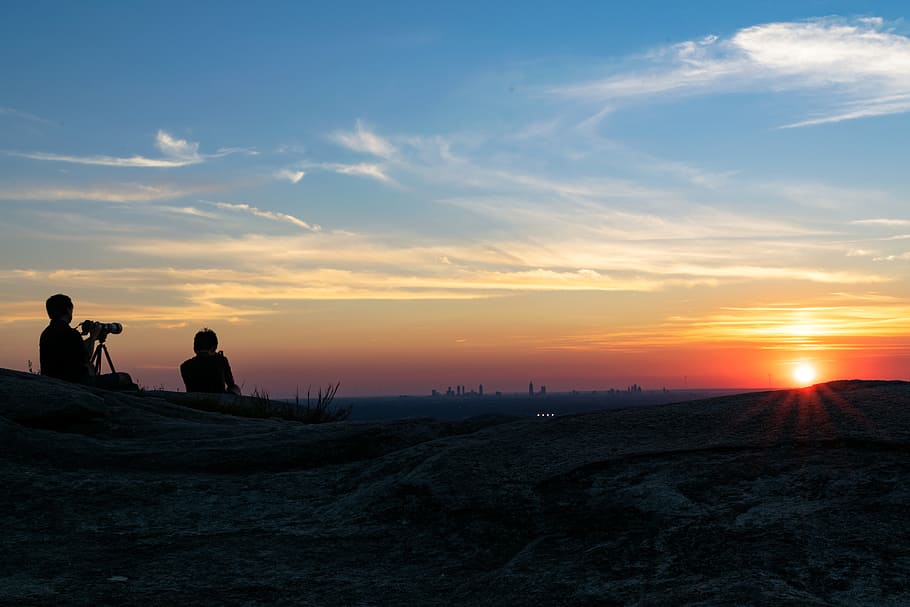 two, man, sitting, ground, camera, sunset, photography, photographers, sun, landscape