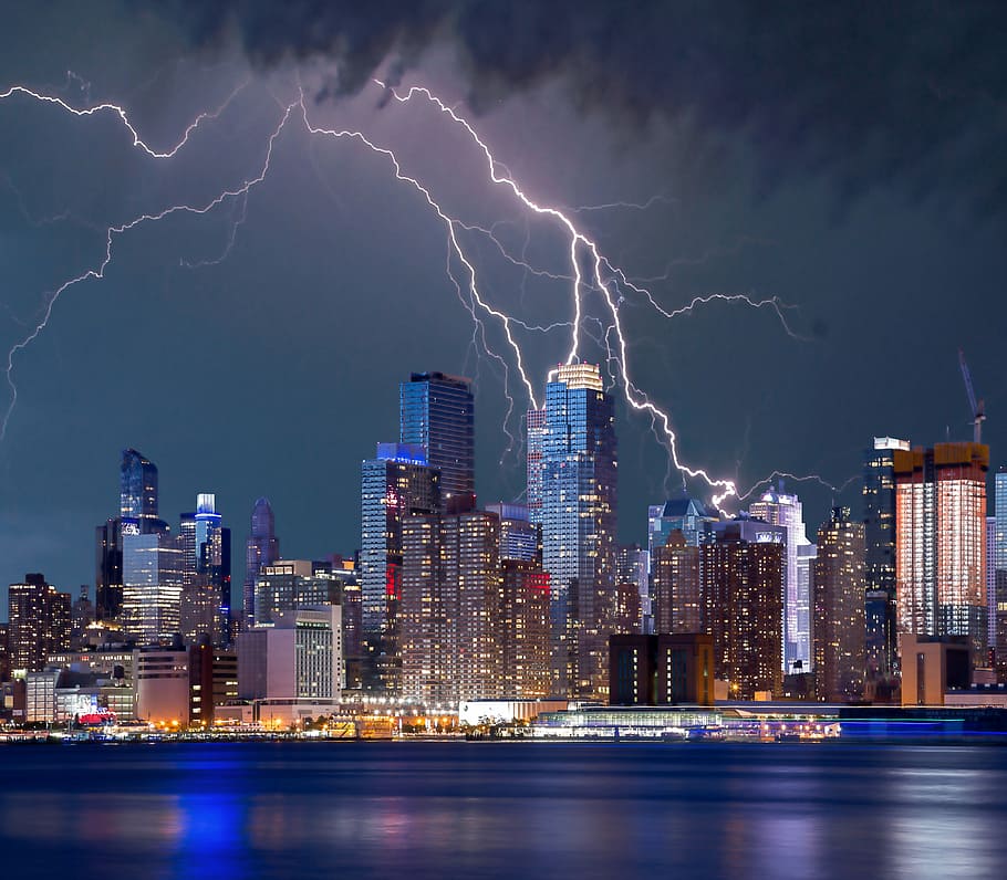 new, york city, Lightning Storm, New York City, cityscape, new york, public domain, skyline, skyscrapers, towers