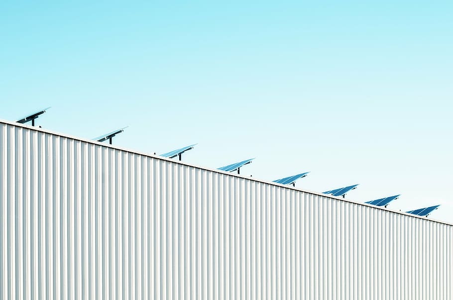 untitled, gray, steel, frame, blue, sky, sunshine, solar panels, industrial, building