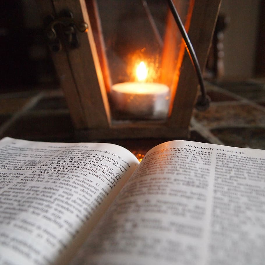 bible, candle, lighting, read, book, table, wood, publication, burning, fire