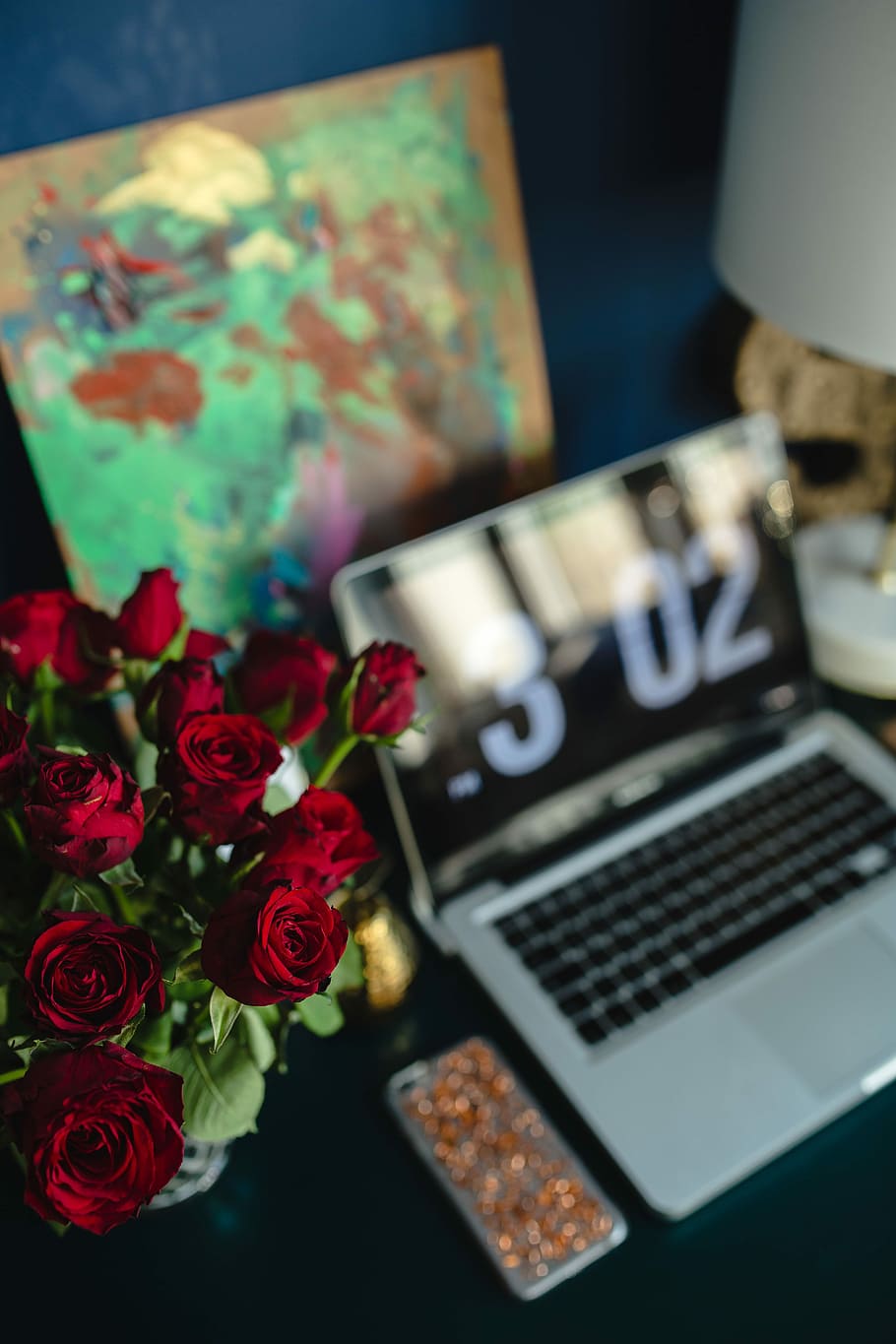 mesa de mesa de escritório, vermelho, rosas, escritório, mesa, rosas vermelhas, fêmea, flores, rosa, espaço de trabalho