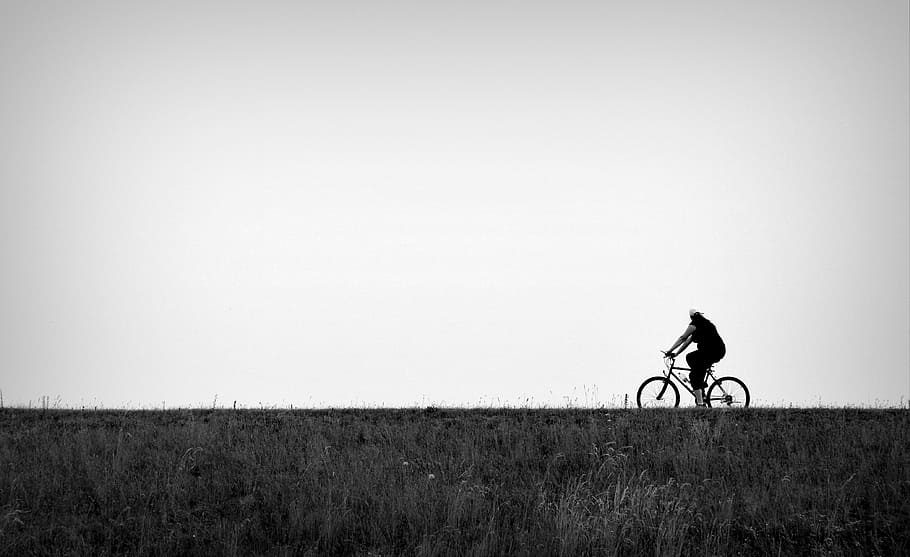 person, riding, bicycle, road, round, ride, black and white, path, trip, cyclist