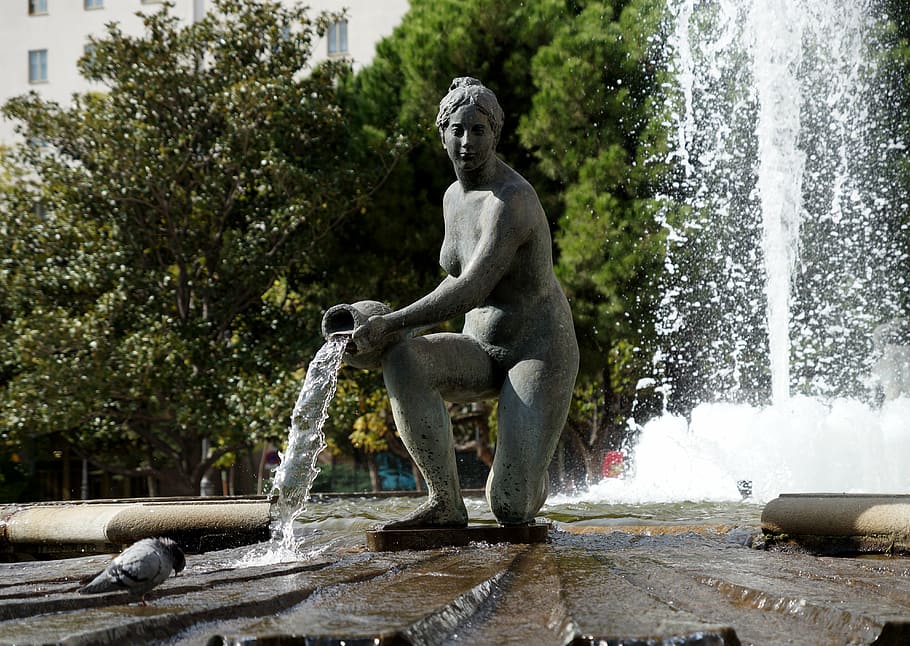 fountain, woman, water, jet, spray, statue, girl, pitcher, aquarius, piazza di spagna