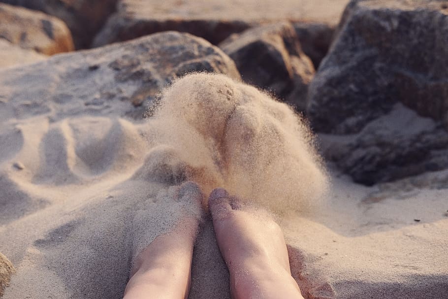 sand, coast, beach, nature, foot, rocks, shore, human body part, body part, human leg