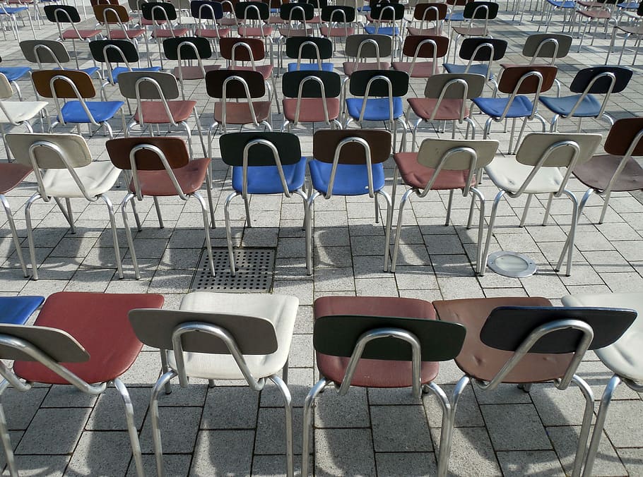 Kursi, Seri, Baris, seri kursi, deretan kursi, duduk, audiensi, kosong, berturut-turut, sekelompok besar objek