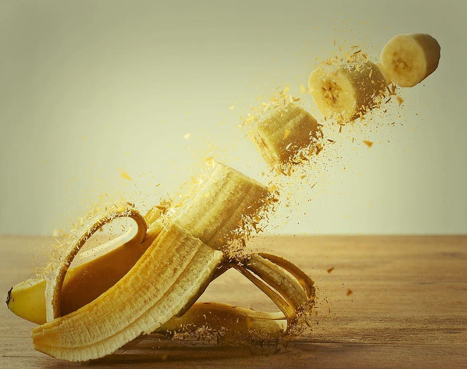 banana, banana peel, photo montage, yellow, explosion, food and drink, splashing, food, healthy eating, water