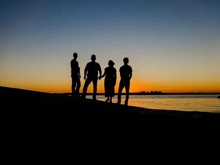 silhouette, four, people, standing, golden, hour, silhouettes, sunset, lake, reflection