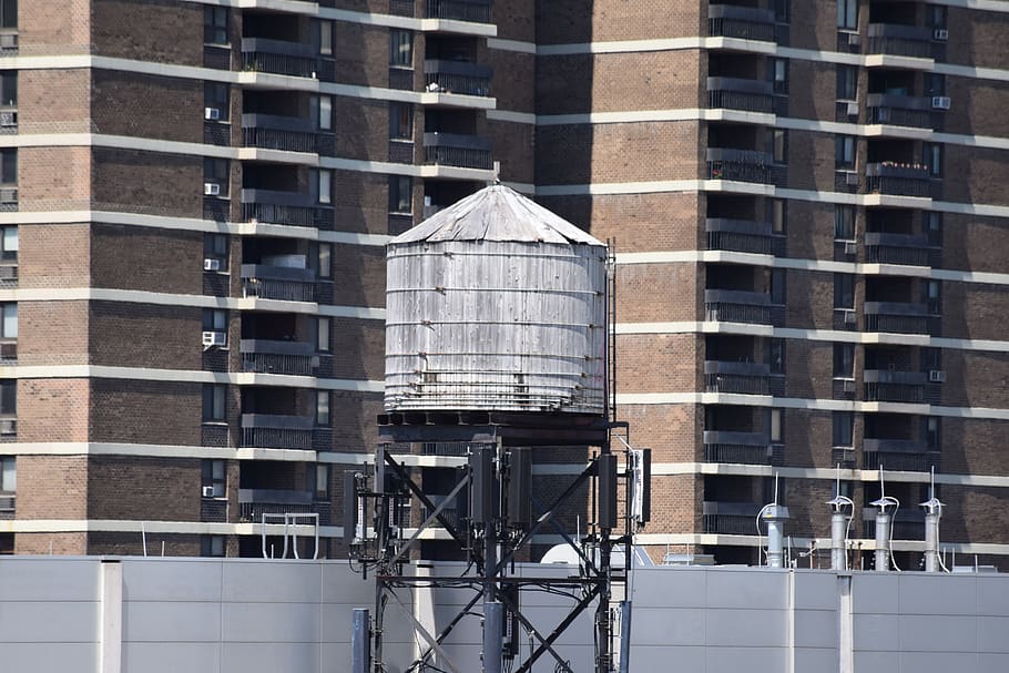 water tower, wood, wooden, nyc, in new york city, top, water, gray, plinth, consists of