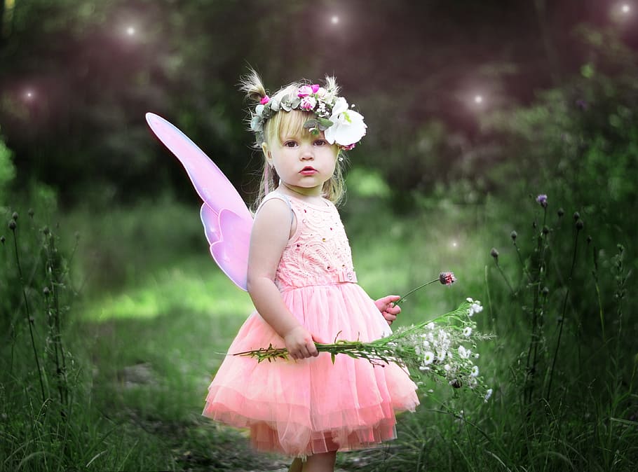 girl, wearing, pink, fairy, costume, kids, story, magic, joy, nature