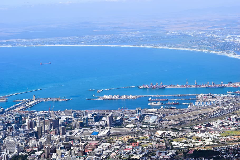 aerial from table mountain, south africa, cape town, scenic, mountain, nature, landscape, ocean, city, harbour