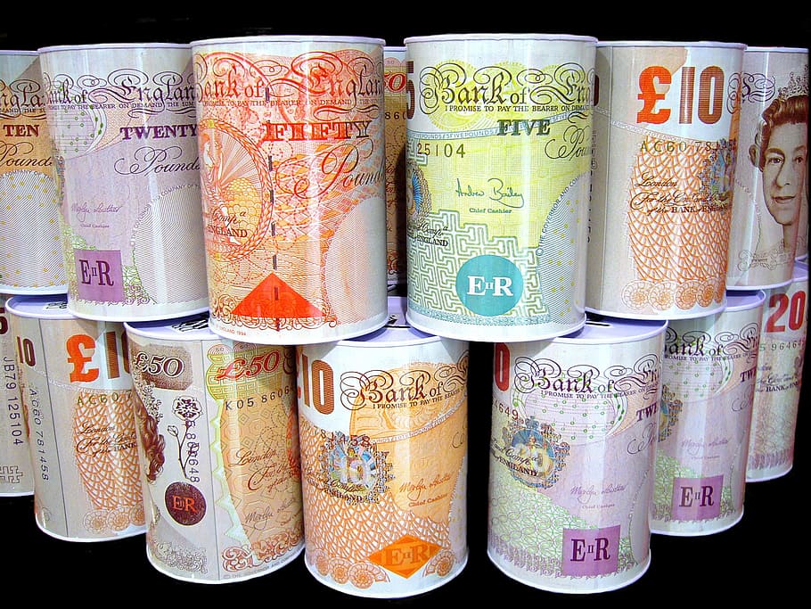 banknote-themed container lot, Money, Boxes, Savings, United Kingdom, money boxes, pound, british, pounds, currency