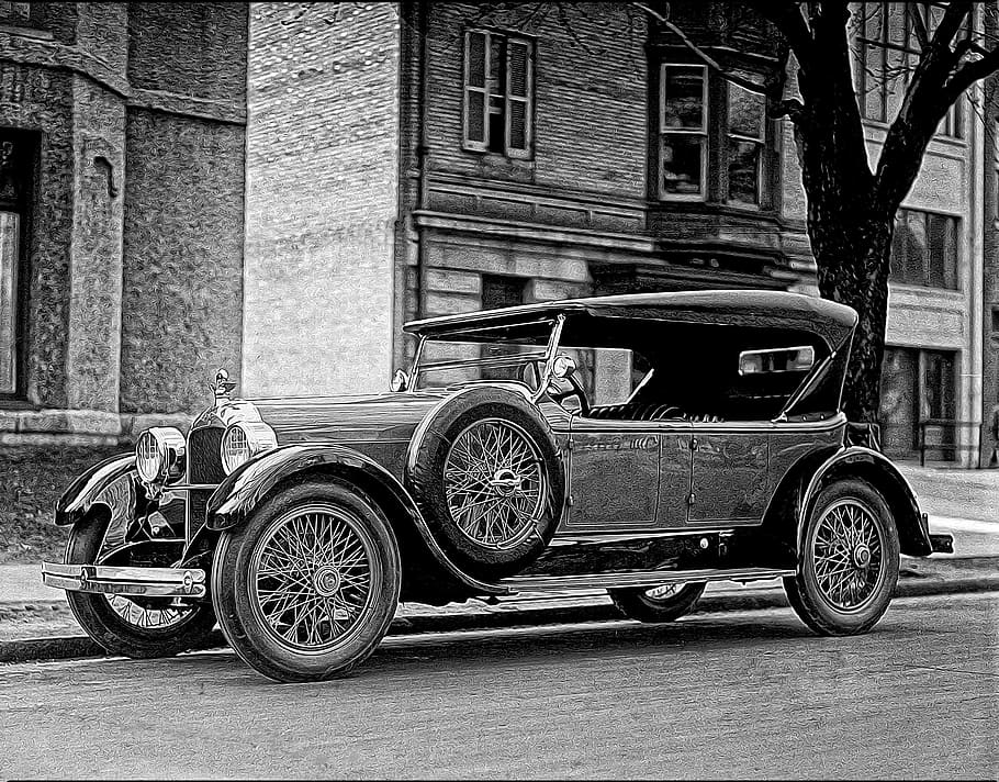 antique car, dusenberg, 1923, classic car, vintage, building exterior, transportation, mode of transportation, architecture, city