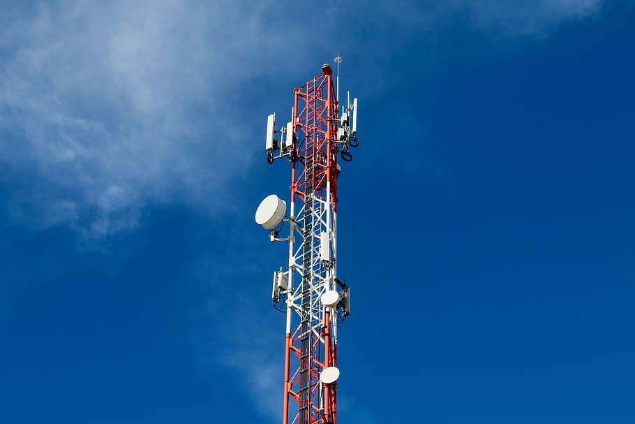 vermelho, branco, torre de transmissão, antena, comunicação, conexão, telecomunicações, transmissão, tecnologia, tecnologia sem fio