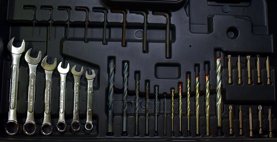 toolkit, wrench, drilling bits, utility, choice, large group of objects, variation, in a row, work tool, order