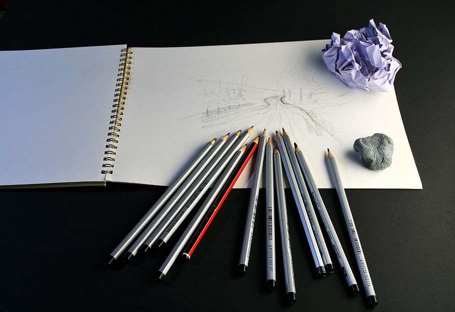 pensil seni, pensil, buku sketsa, sketsa, gambar, kertas, kusut, penghapus, seni, dalam ruangan