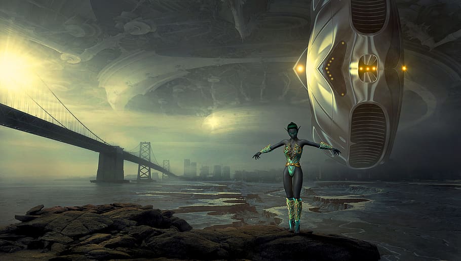 woman, green, one-piece suit, standing, rock, body, water game, digital, wallpaper, fantasy