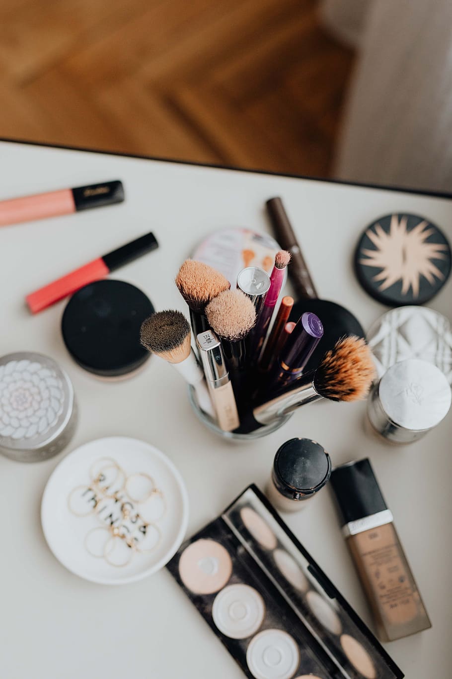 essentials, cosmetics, beauty, foundation, glamour, Makeup, brushes, make-up brush, still life, high angle view
