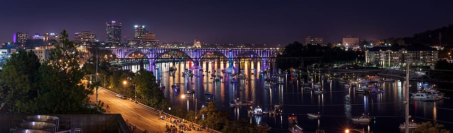 panoramic, photography, bridge, night time, knoxville, reflection, architecture, cityscape, skyline, tennessee