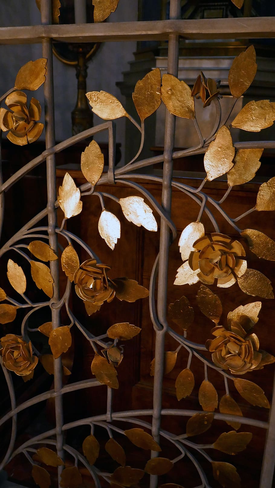 grid, demarcation, leaves, golden, metal, ornament, noble, church, wrought iron, blacksmithing