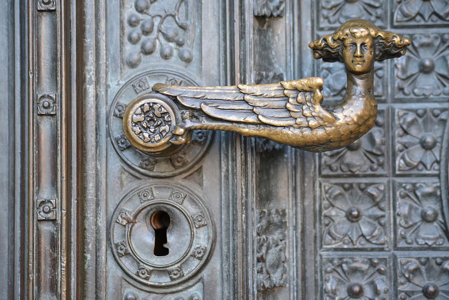 cerradura, puerta, adornado, de cerca, ojo de la cerradura, pomo de la puerta, diseño, antiguo, metal, latón