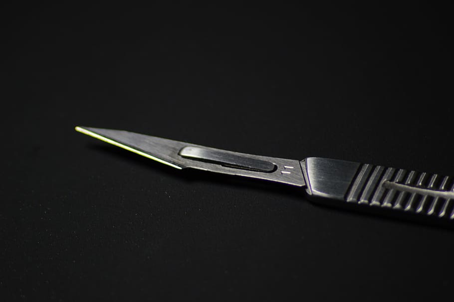 knife, scalpel, edge, metal, weapon, single object, silver colored, black background, studio shot, work tool