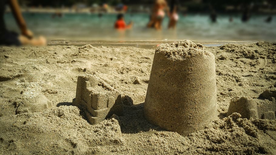 gray sand, beach, lake, sand, sandcastles, shoreline, focus on foreground, water, day, sea