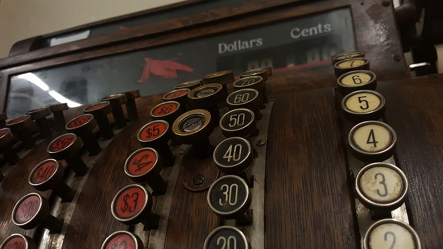 old-fashioned, cash, register, old, vintage, machine, business, button, metal, aged
