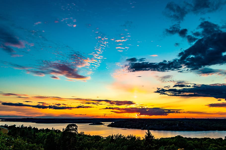 Estocolmo, Suécia, céu, pôr do sol, incrível, nuvens, colorido, lago, céu em chamas, nuvem - céu