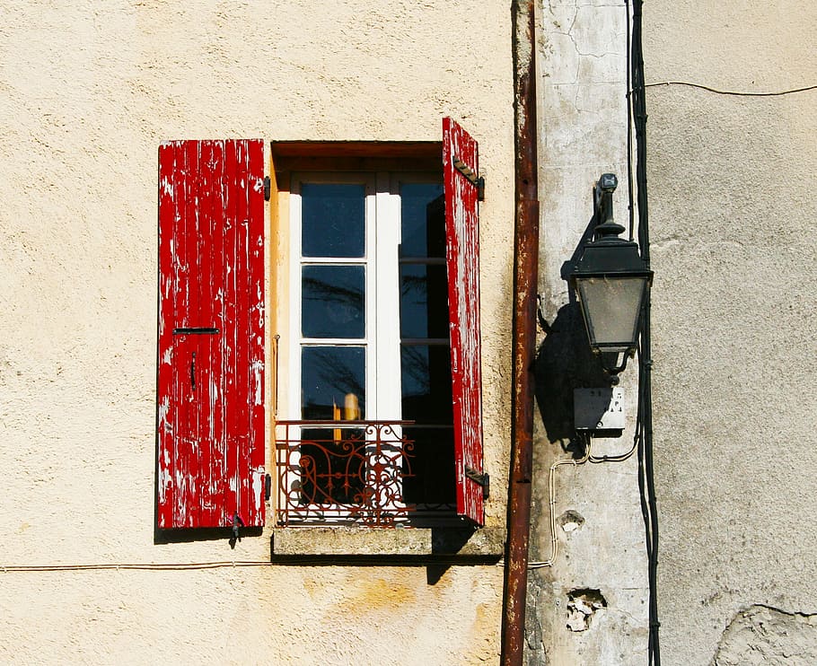 black, lamp sconce, opened, window, shutters, open, red, old, worn, lamp