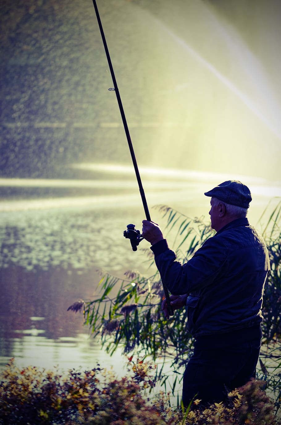 fisherman, rod, fishing, water, fountain, hobby, relaxation, leisure, nature, autumn