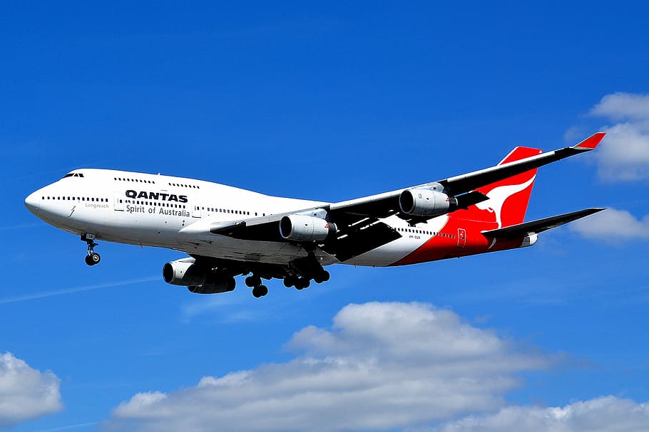 white, red, qantas airplane, skies, airplane, aircraft, commercial, airline, jet, flight