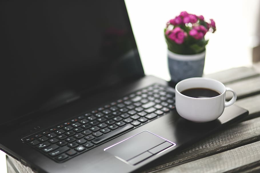 white, teacup, black, laptop computer, break, work, working, workspace, coffee, coffe time