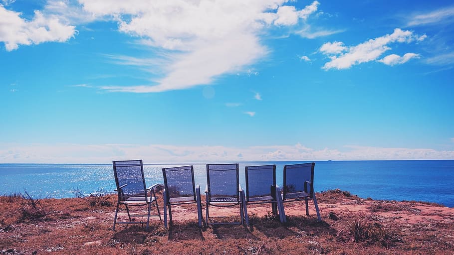 Chairs, Portugal, Algarve, sky, sea, water, beach, tranquility, scenics, land