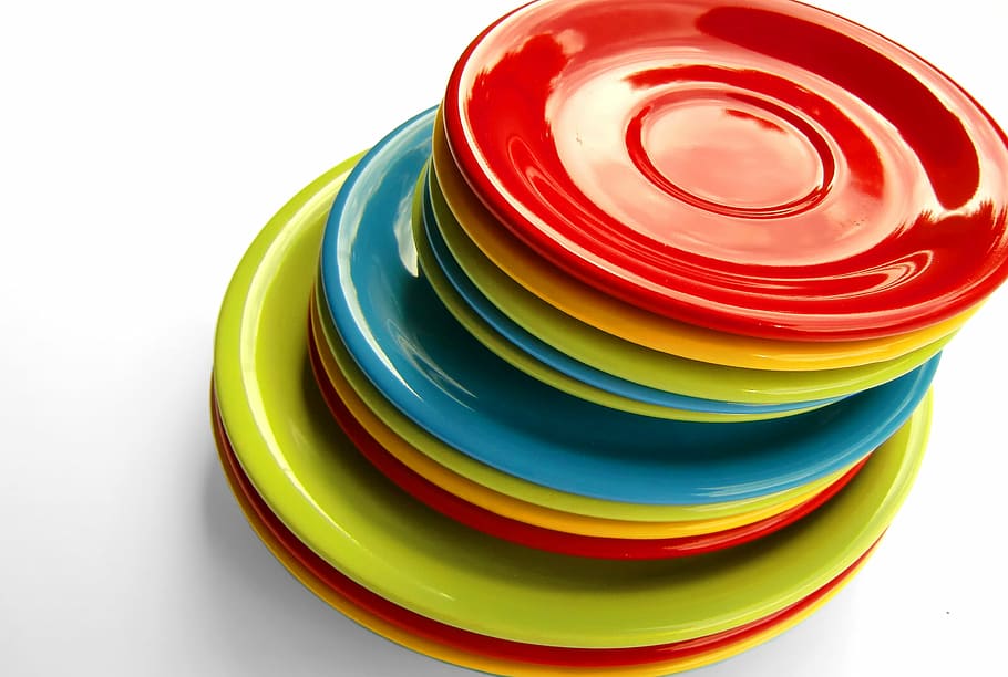 round assorted-color pile, plates, plate, tableware, colorful, stack, porcelain, multi colored, white background, cut out
