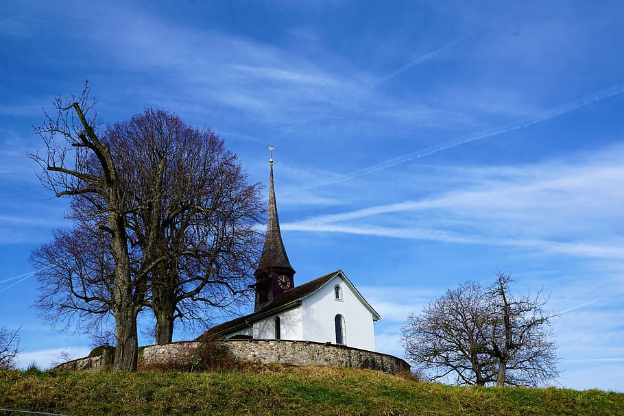 white, blouse church, surrounded, green, grass, sky, tree, landscape, nature, farm