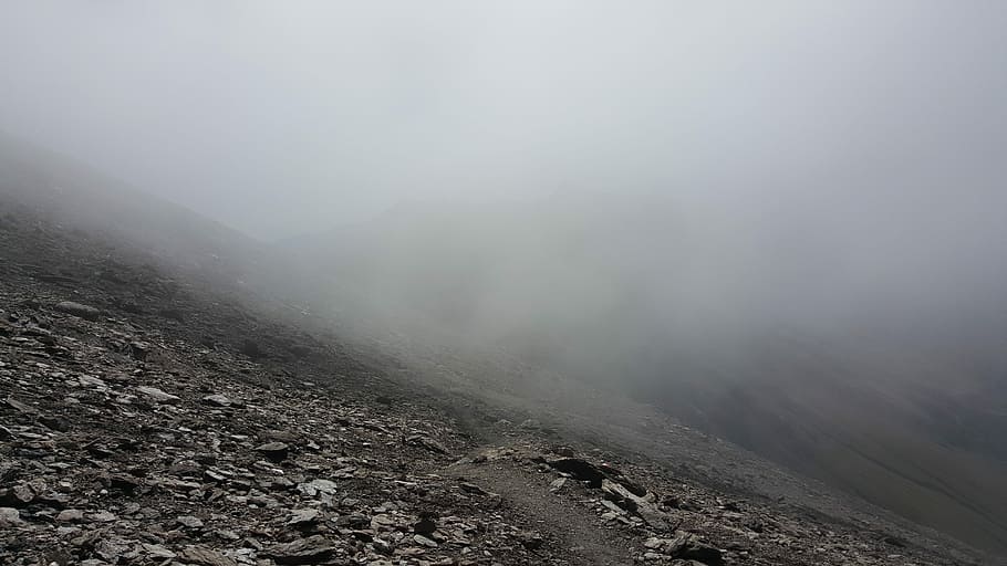landscape photography, foggy, grey, field, fog, cloud, mountain, trail, rocks, bare