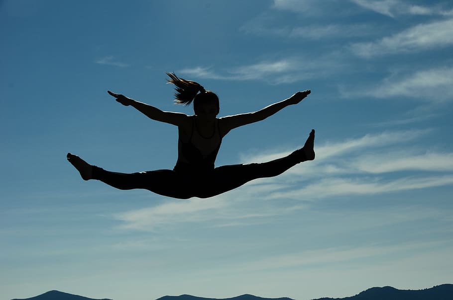 silhouette photography, woman, jumping, daytime, dancing, yoga, women, body, outdoors, freedom