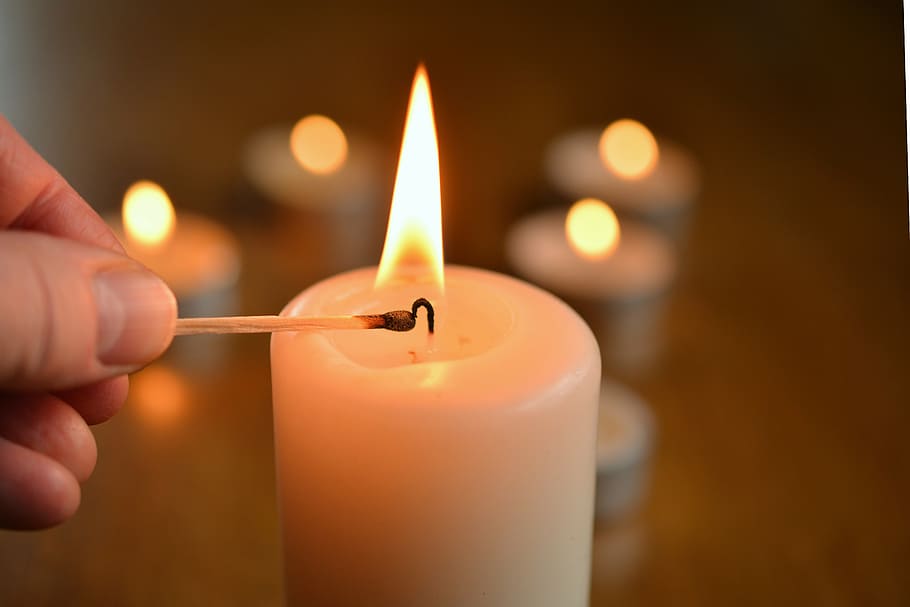 pillar candle, candle, light candle, kindle, flame, candlelight, burn, christmas time, advent, match