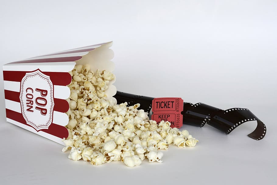 popcorn, film bioskop, tiket, bioskop, film, hiburan, makanan, jagung, ember, camilan