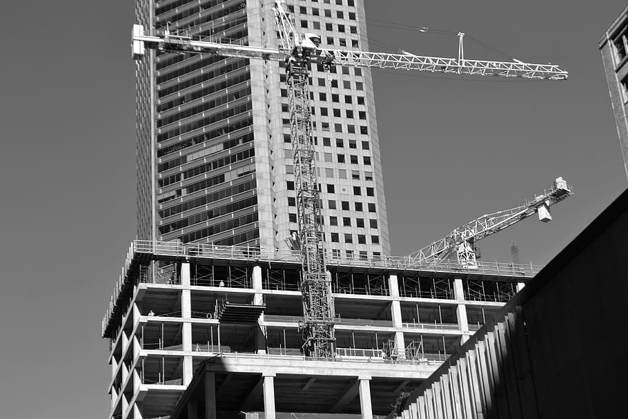 grayscale photography, building, heavy, equipment, parking lot under construction, crane, parking lot, buildings, houston, texas