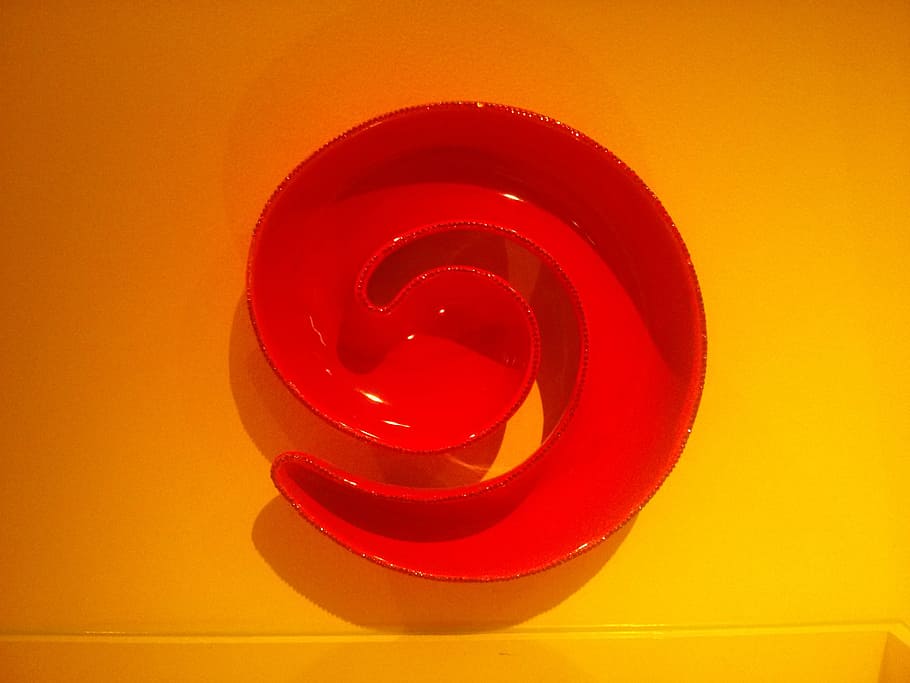 metaphysical, exhibition, museum, red, indoors, still life, close-up, table, spiral, yellow